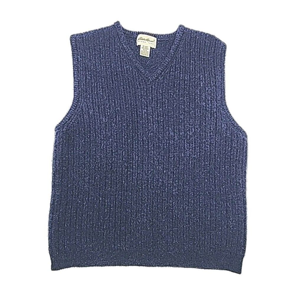 Eddie Bauer Sweater Vest Blue 100% Wool Men Size Medium V-Neck Ribbed Shirt